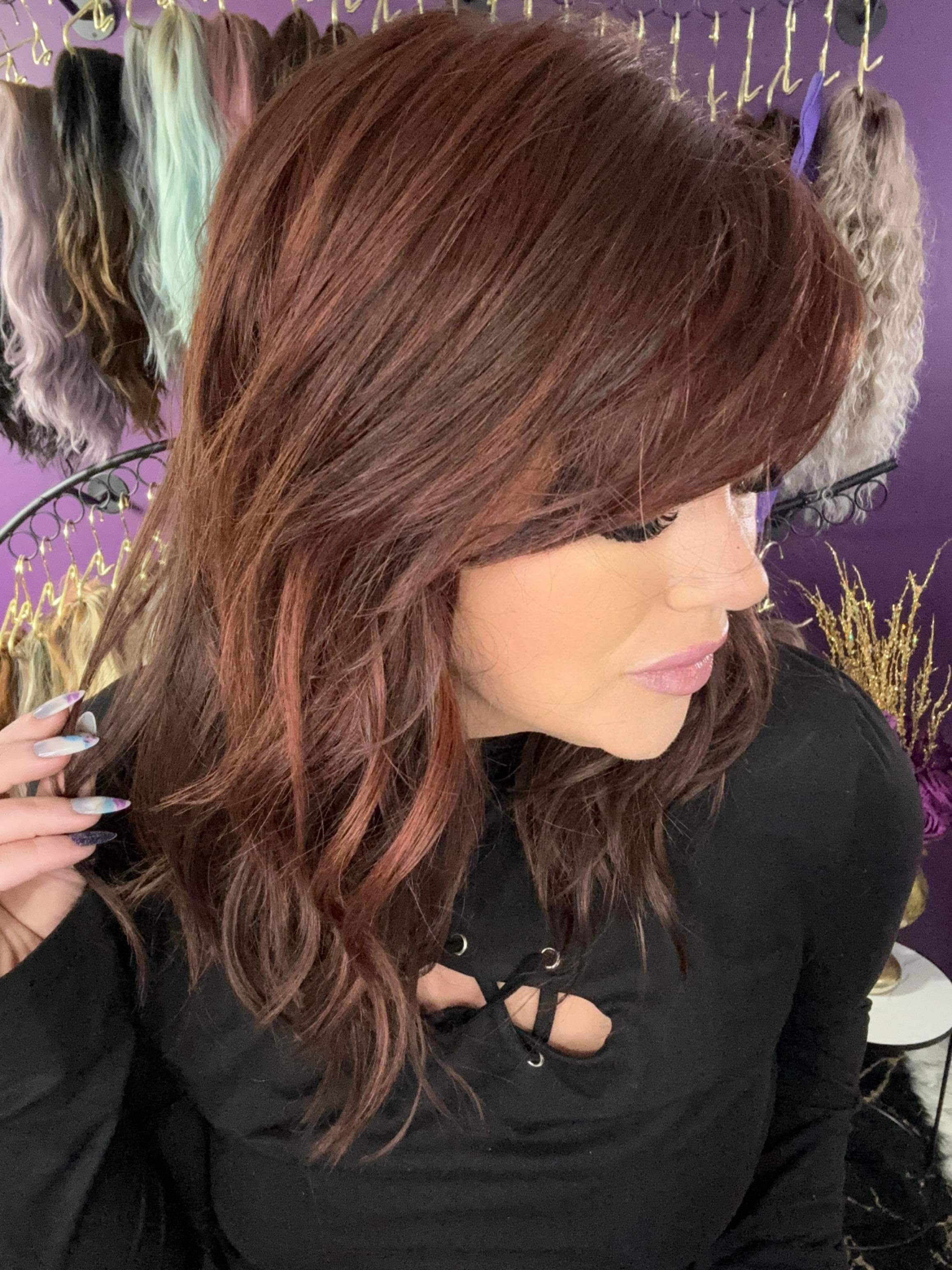 TINA – Luxury Wig by Chic Lifestyle Shown in Dark Cherry.