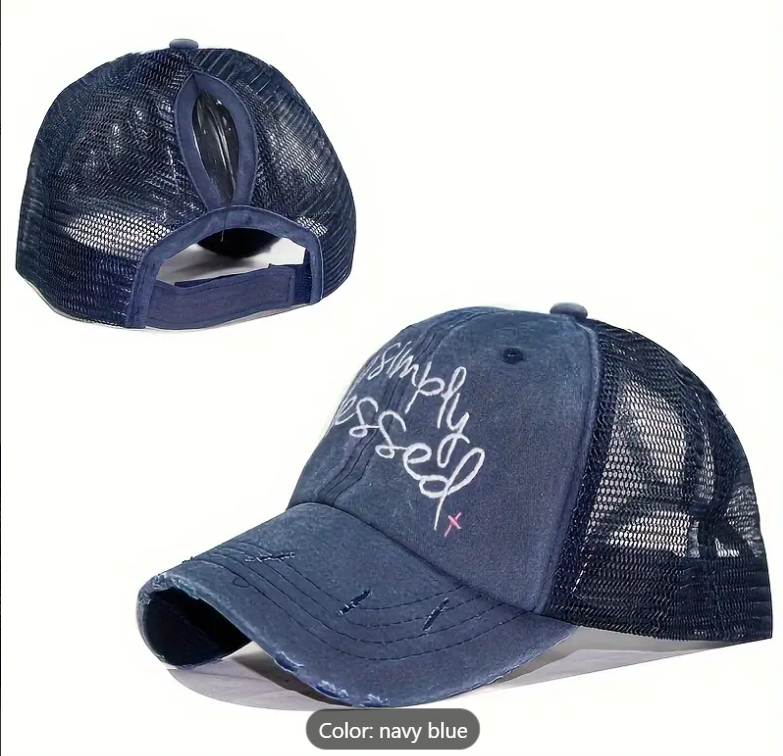 Gorra de camionero con cola de caballo “Simply Blessed” – Azul marino A172