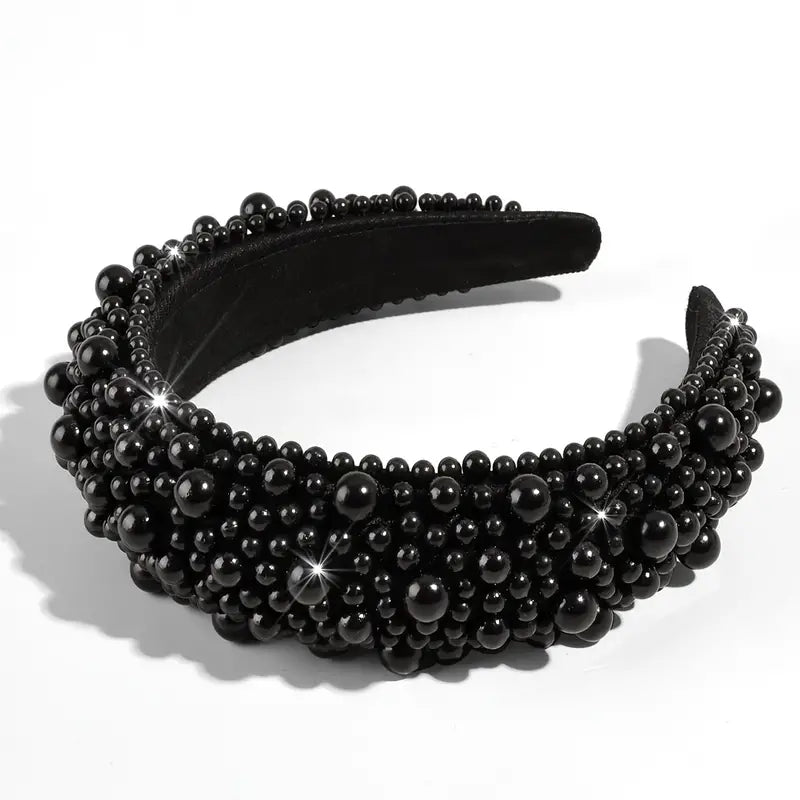 Black Faux Pearl Rhinestone Headband -A135