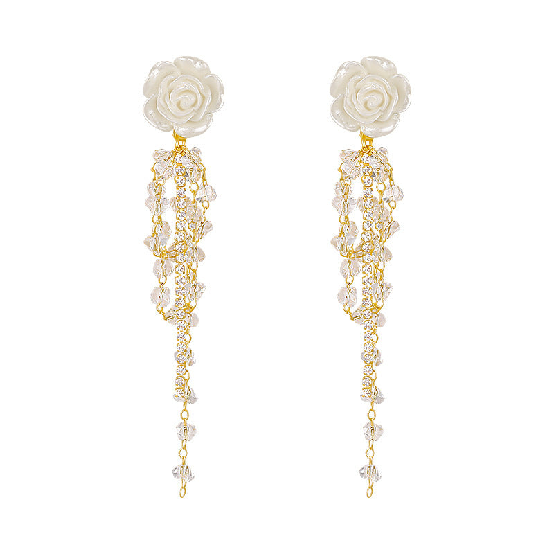 Ivory flower earrings with beaded tassels 7084