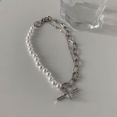 Pearl and Silver Mixed Link Chain Toggle Necklace 7168