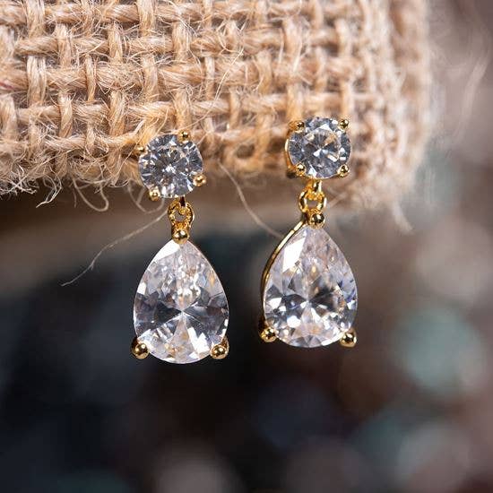 K241 Teardrop Stud Drop Earrings - Gold
